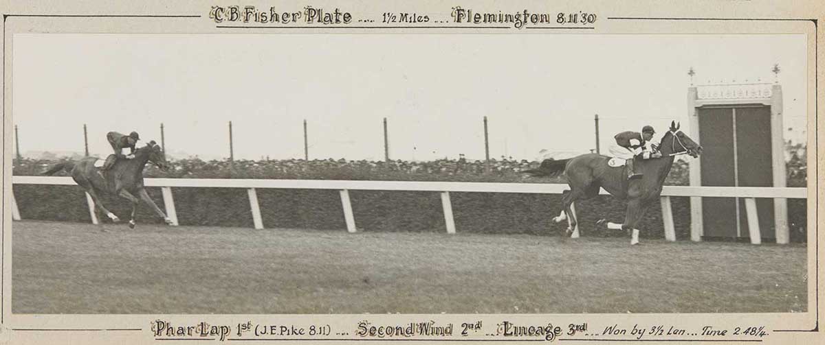 A black and white photo of Phar Lap winning the CB Fisher Plate, 1930. - click to view larger image