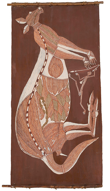 An Aboriginal bark painting depicting a kangaroo.