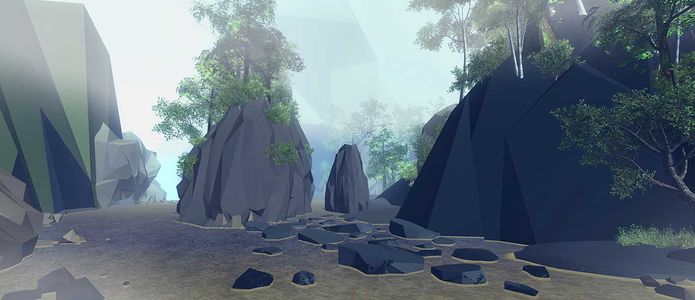 An artistic impression of a landscape depicting rock formations and foliage