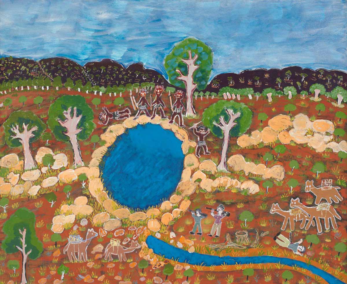 A painting on canvas depicting a central waterhole beyond which there are five figures holding spears with one lying on the ground with a wound in his chest. Below to the right there are two more figures aiming guns at this group and behind them a figure lying on the ground with a spear protruding from his body. - click to view larger image
