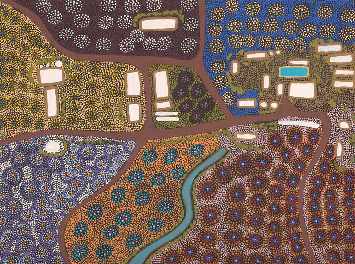 An acrylic painting on canvas showing an aerial view of rectangular buildings and intersecting paths in a multi-coloured landscape. - click to view larger image