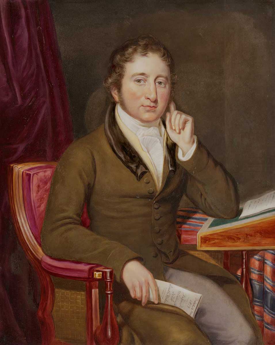 painting of a man sittig on a chair looking towards the viewer - click to view larger image
