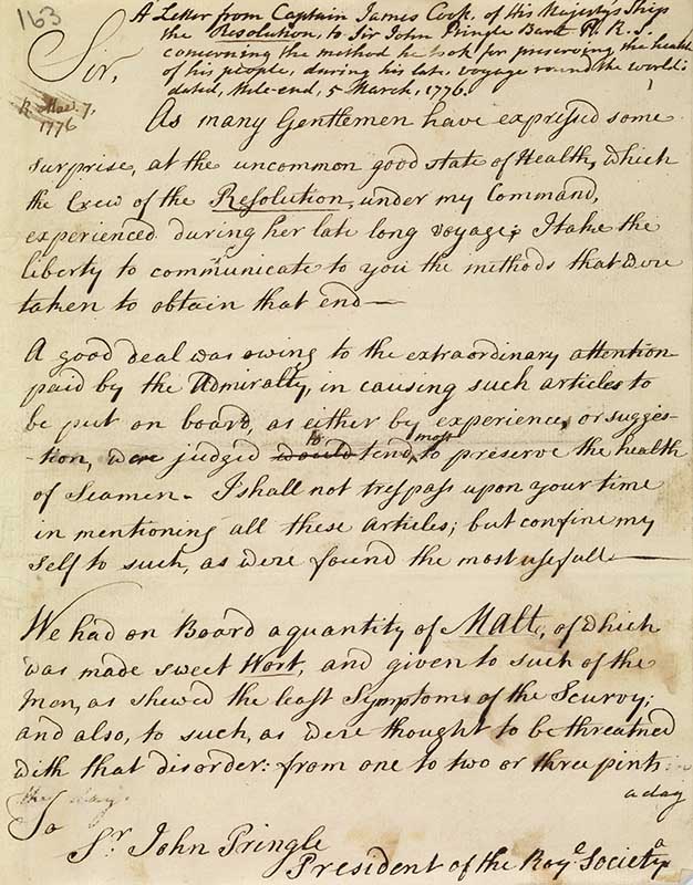 Letter from James Cook to Sir John Pringle - click to view larger image