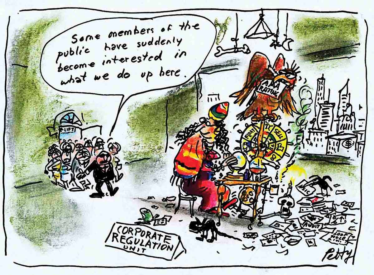 A colour cartoon depicting a fortune teller dressed in bright clothing, with hands on a crystal ball forming the 'Corporate Regulation Unit'. She looks over her shoulder at a security man, who emerges from a lift holding back a crowd of people and saying, 'Some members of the public have suddenly become interested in what we do up here'. The fortune teller sits at a table topped by a bird holding a 'AAA rating' sign in its beak, a chocolate wheel marked with text including 'Float' and 'Sell'. Papers and items associated with witchcraft complete the busy scene, with a cityscape in the background. - click to view larger image