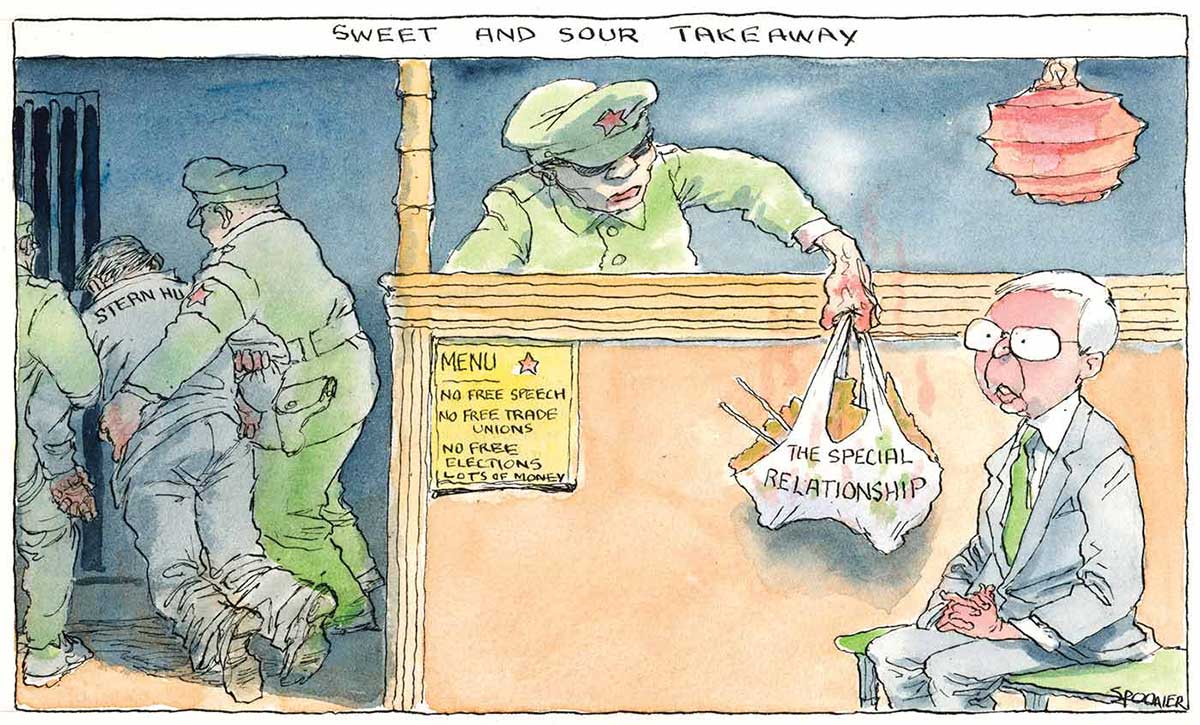 A colour cartoon depicting Kevin Rudd sitting on a bench outside what appears to be a Chinese take-away restaurant. A Chinese state official in a green uniform is reaching over a low wall, handing Mr Rudd a plastic bag that contains what appears to be Chinese food in the shape of Australia. On the outside of the bag is written 'The Special Relationship'. On the wall is a menu, upon which is written 'No Free Speech', 'No Free Trade Unions' and 'No Free Elections'. In the background two other Chinese state officials can be seen carrying a man toward what appears to be a prison cell. The man has 'Stern Hu' written upon his back. At the top of the cartoon is written 'Sweet and Sour Takeaway'. - click to view larger image