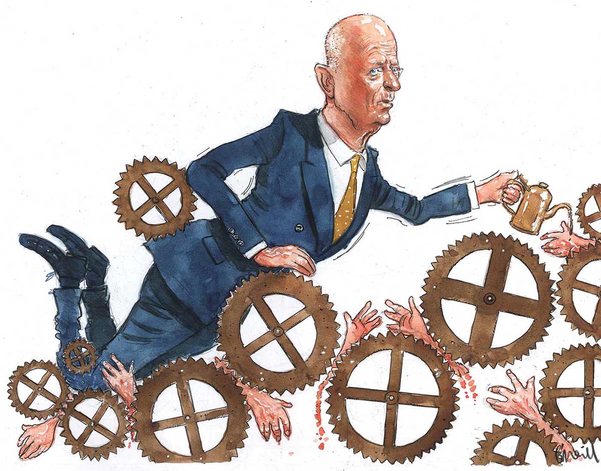 A colour illustration depicting Glenn Stevens in a blue suit amongst a series of clockwork-style wheels, as though he is moving through them. He holds an oil can in his left hand. Seven severed hands are shown caught in amongst the wheels. Mr Steven's expression is one of uncertainty. - click to view larger image