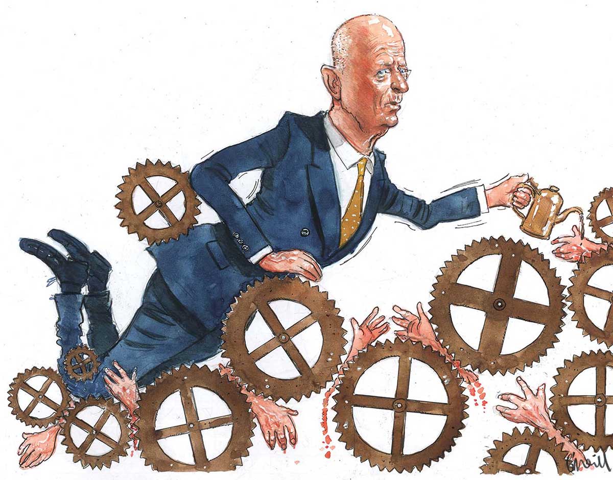 A colour illustration depicting Glenn Stevens in a blue suit amongst a series of clockwork-style wheels, as though he is moving through them. He holds an oil can in his left hand. Seven severed hands are shown caught in amongst the wheels. Mr Steven's expression is one of uncertainty.  - click to view larger image