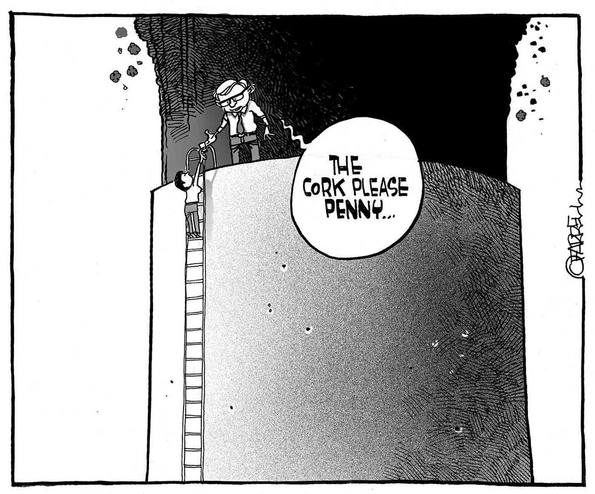 A black and white cartoon depicting Kevin Rudd standing on the rim of a large chimney stack. A plume of thick black smoke bellows up from the stack. Penny Wong stands at the top of a ladder, reaching up to Mr Rudd, who says, 'The cork please Penny ...'. - click to view larger image