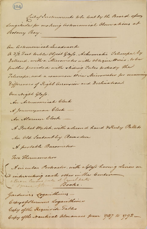'List of Instruments to be lent by the Board of Longitude for making Astronomical Observations at Botany Bay', November 1786. - click to view larger image