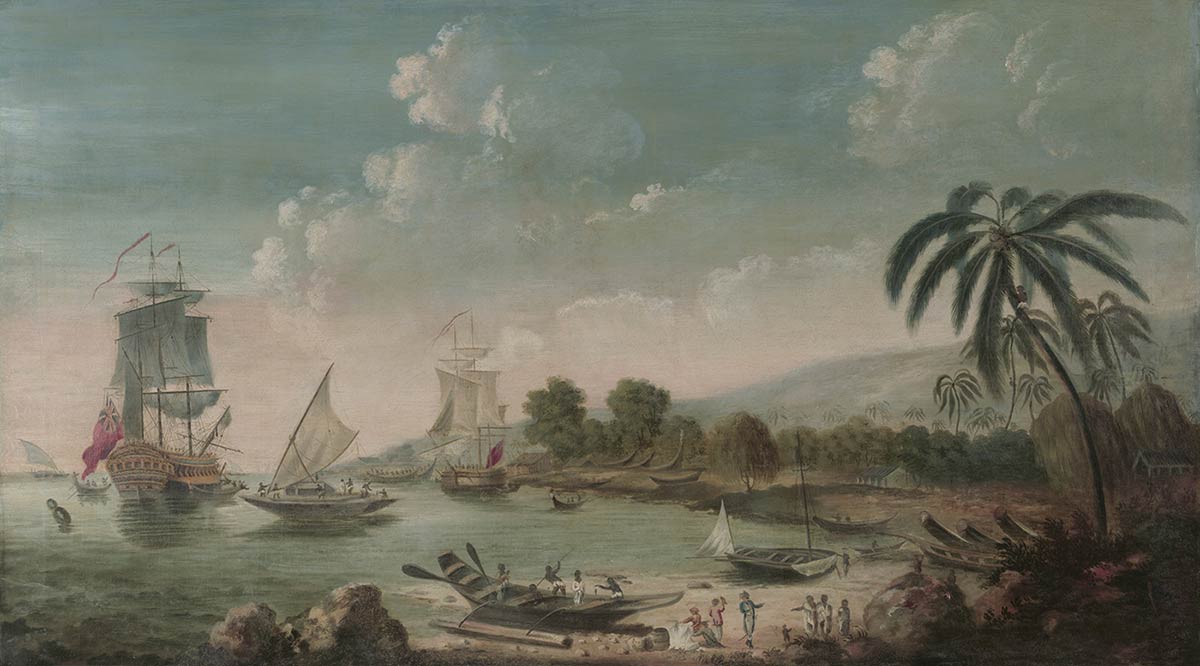 A painting titled 'Discovery and Resolution at an Island in the Pacific', 1777, by John Cleveley.