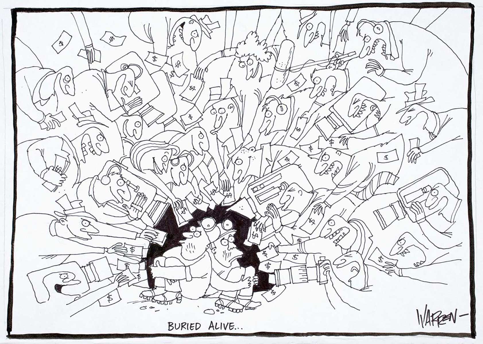 Political cartoon of two miners underground surrounded by a swarm of reporters, cameramen and people offering them money. - click to view larger image