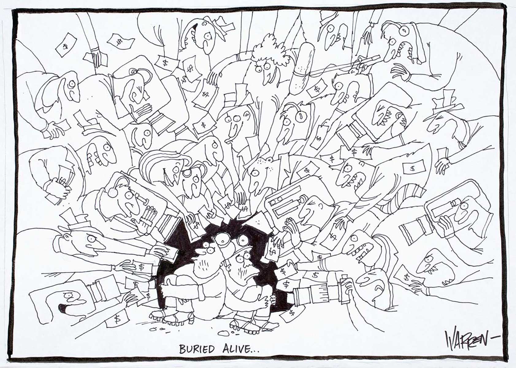 Cartoon of two miners underground surrounded by a swarm of reporters, cameramen and people offering them money - click to view larger image