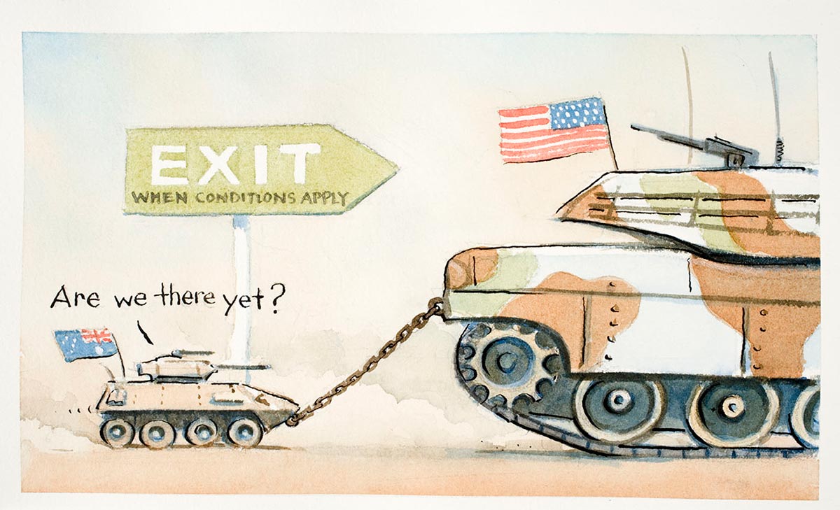 Political cartoon of a large American army tank towing a tiny Australian army tank that is asking 'Are we there yet'? - click to view larger image