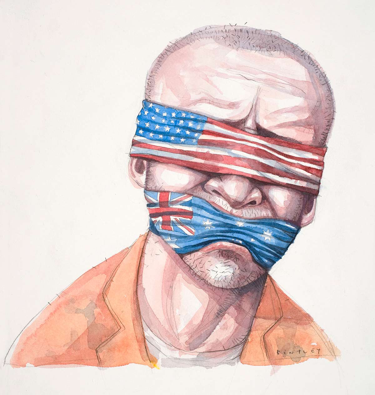 Cartoon of David Hicks blindfolded with an American flag and gagged with an Australian flag - click to view larger image