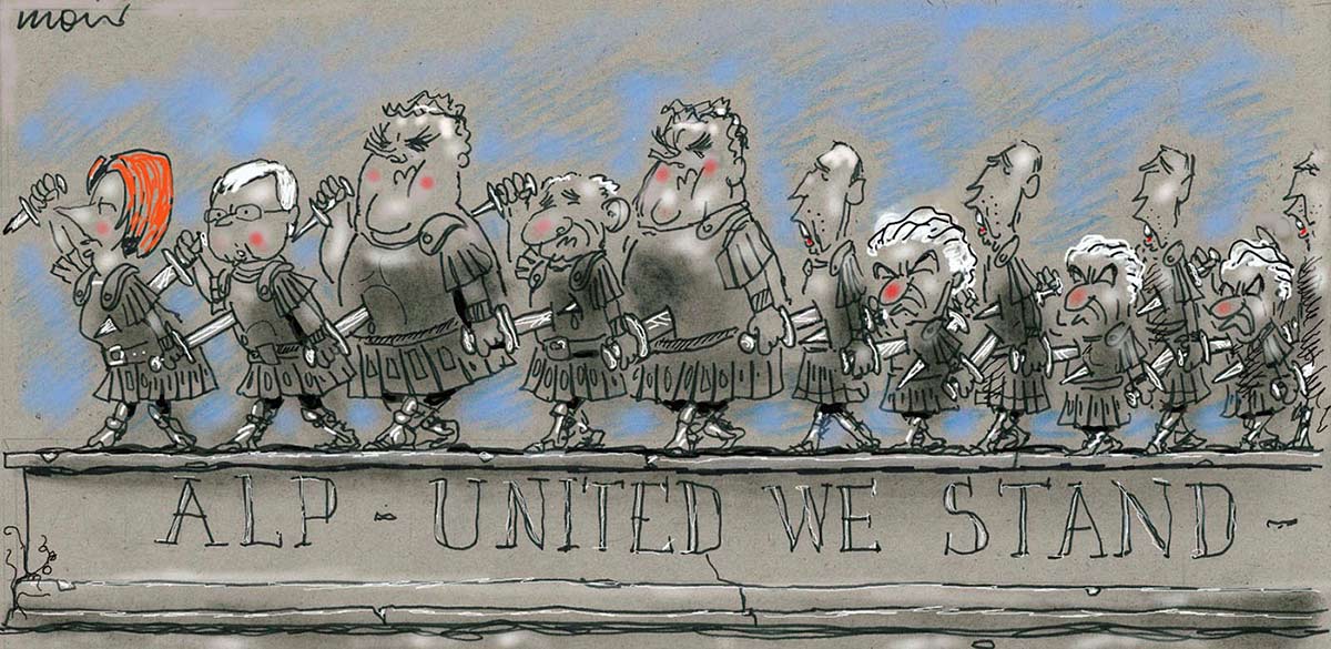 A colour cartoon depicting previous and current Australian Labor Party leaders as Roman soldiers. They all stand in a line, facing the same direction. The line features Paul Keating, Bob Hawke, Kim Beazley, Simon Crean, Kevin Rudd and Julia Gillard. Each carries two knives; one is thrust into the person behind them while the other is thrust into the back of the person in front of them. There are multiple Paul Keatings and Bob Hawkes, and at least two Kim Beazleys. Under the line, written on a stone facade, is 'ALP - United We Stand'. - click to view larger image