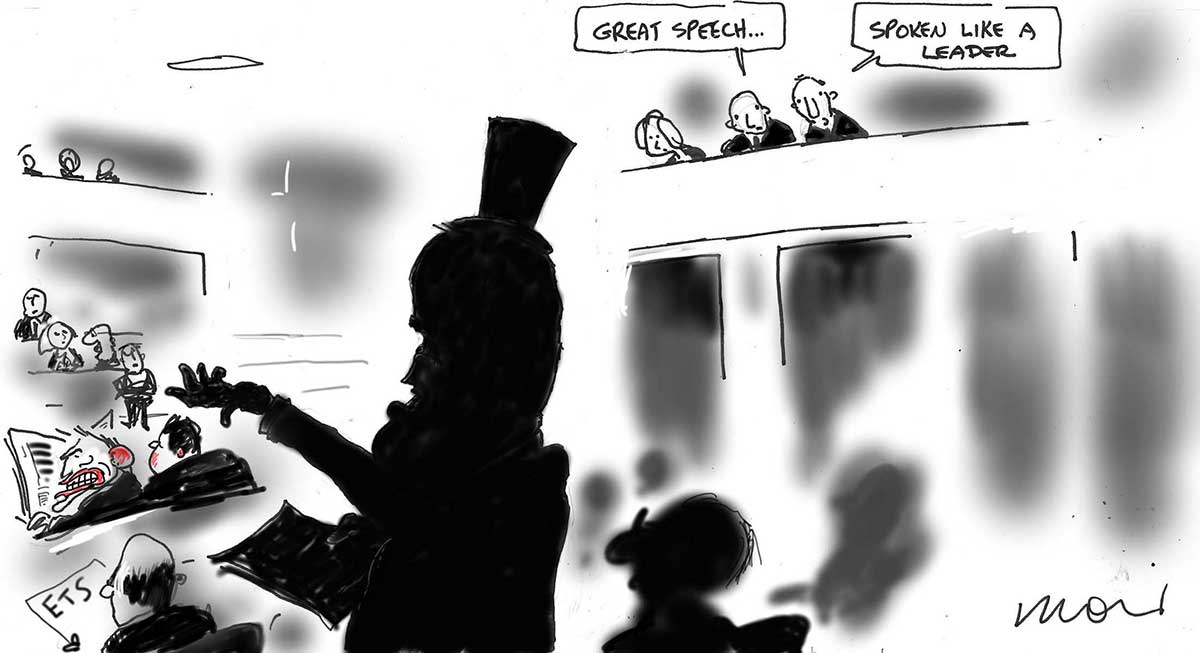 A mostly black and white cartoon depicting the House of Representatives in the Australian Parliament. In the foreground, in silhouette, is Malcolm Turnbull. He wears a top hat and is making a speech. In the backgound, some people can be seen in the public gallery. Two of them are talking; one says 'Great speech ...' and the other says 'Spoken like a leader'. In the left middle ground sits Tony Abbott, with red lips and ears. - click to view larger image