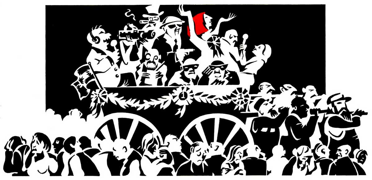 Political cartoon depicting Julia Gillard in a cart being pulled through a crowd. She stands triumphant, with her arms aloft and her red hair emphasised. Also in the cart are media representatives, note-takers, two masked men, a man in an 'Uncle Sam'-style hat and a man in a white hat. The cart appears to be pulled by several large, bearded men. In the foreground, the faces of the crowd all register despair, sadness and melancholy. - click to view larger image