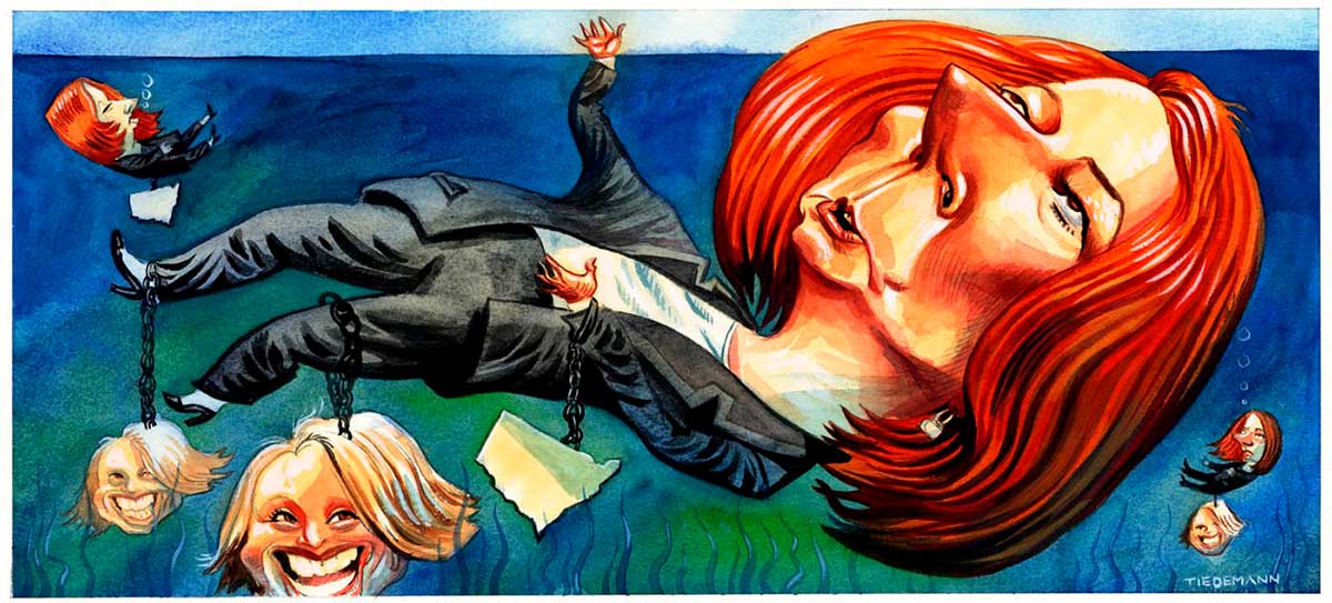 A colour cartoon depicting Julia Gillard floating in water, just under the surface. She is weighed down by several weights, around her wrist, leg and ankle. Two of the weights are the head of Kristina Keneally, while the other is in the shape of New South Wales. Gillard reaches up above the surface of the water with one hand. Nearby, other Gillards sink down, attached to New South Wales or Kristina Keneally weights. - click to view larger image