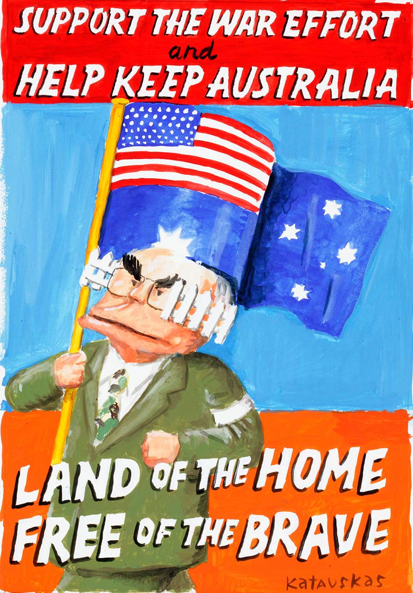 This cartoon depicts John Howard holding an Australian flag with the Union Jack replaced with the flag of the United States, and wearing blinders that look like white picket fences. Above and below him is written 'Support the war efforet and help keep Australia land of the home, free of the brave. - click to view larger image