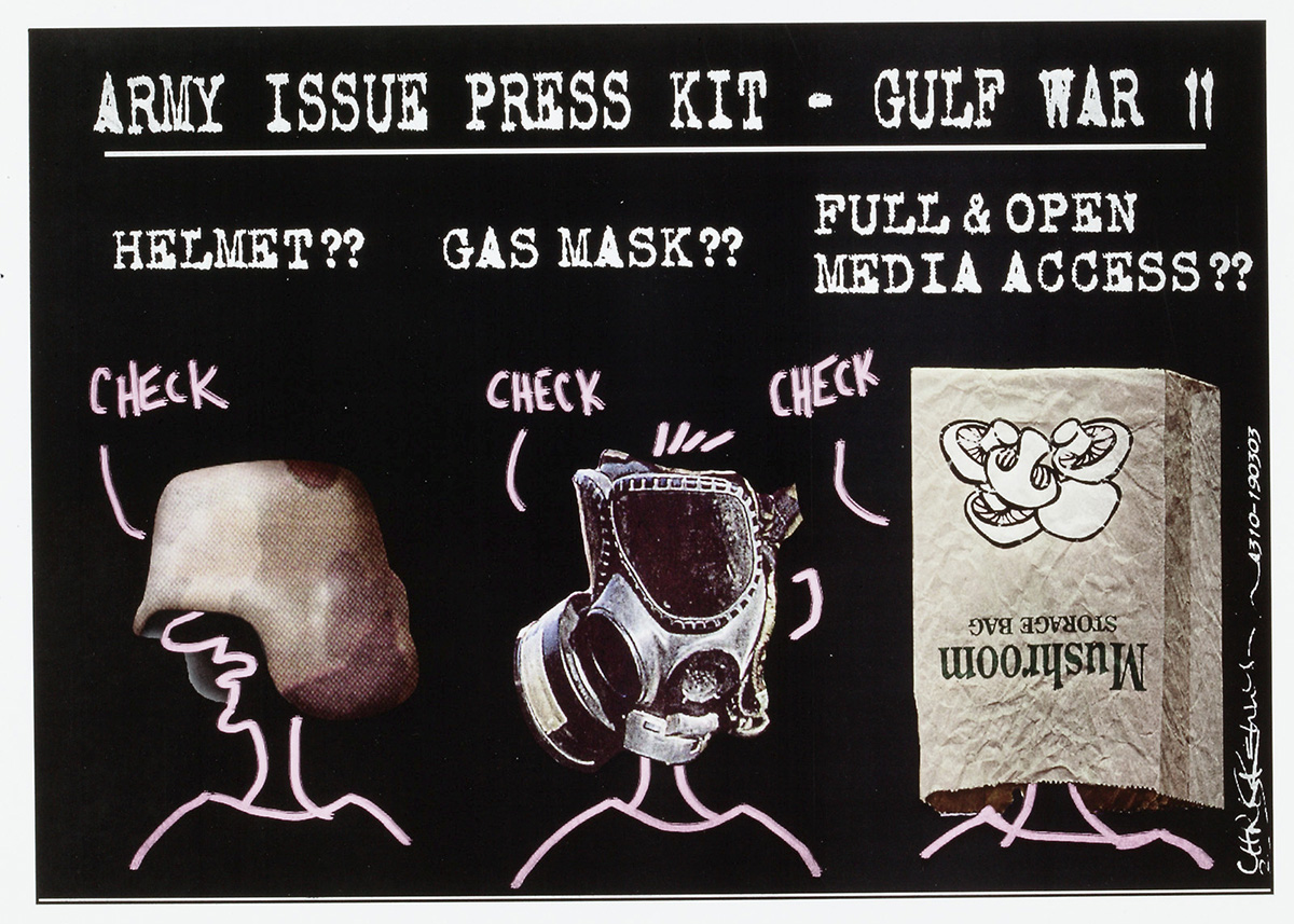 A cartoon titled 'Army issue press kit - Gulf war II'. There are three sections. The first has written 'Helmet??', and below a head with a helmet covering the eyes. The next section,