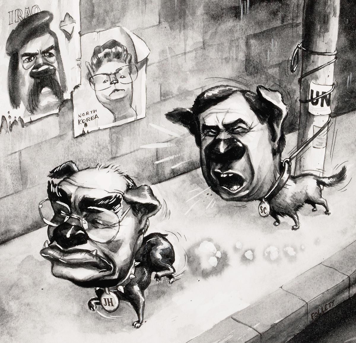 This cartoon depicts two dogs with human heads. One with a tag 'JH', the other, 'SC'. The JH dog walks away, kicking up dust behind min, while the SC dog barks, ties to a pole labelled 'UN' by it's leash. - click to view larger image