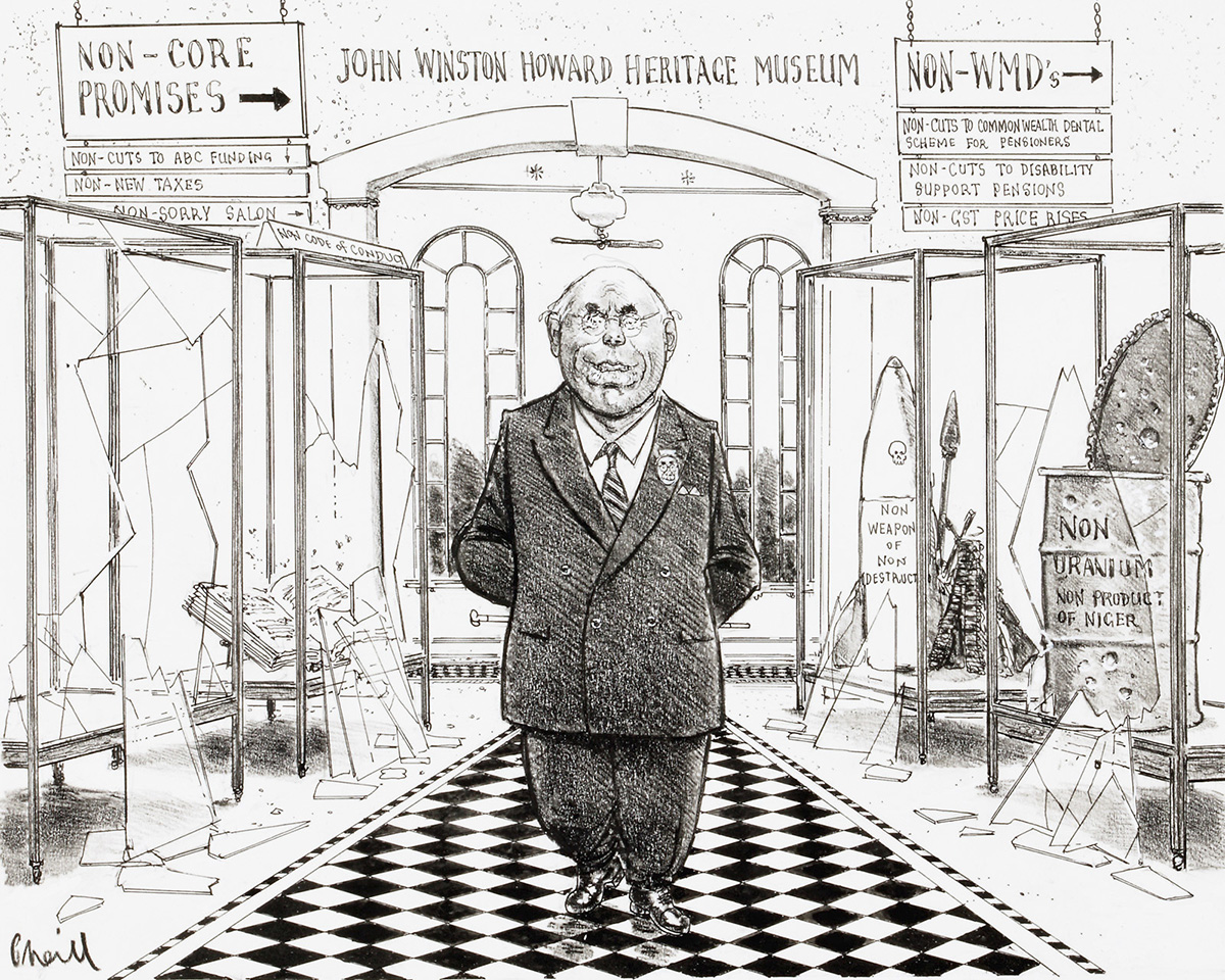 A cartoon of John Howard standing in a museum dedicated to him. Signs above direct visitors to 'Non-core promises' and 'Non-WMDs'. - click to view larger image