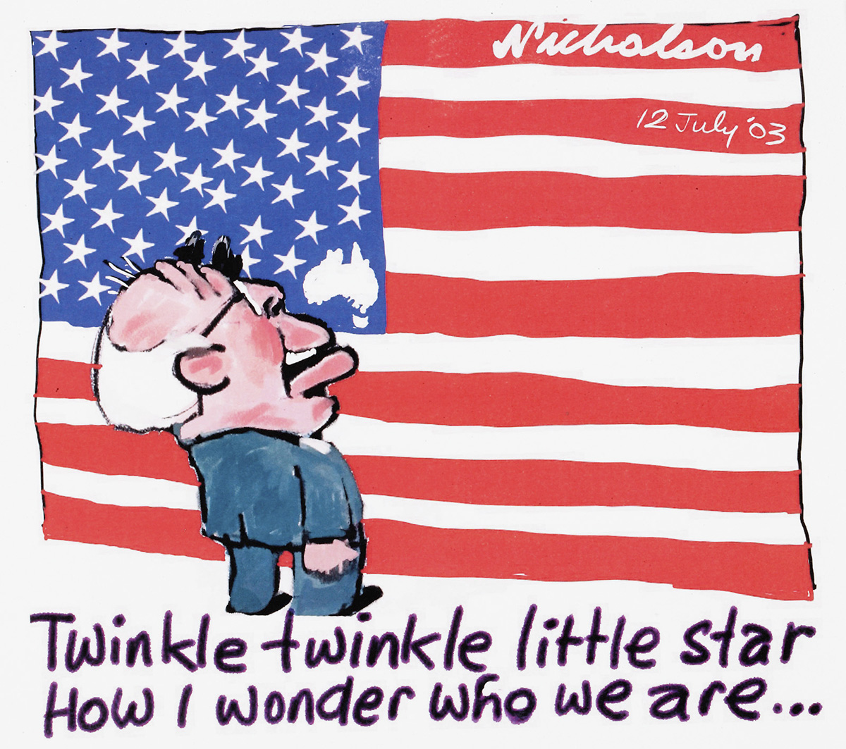 A cartoon of John Howard looking at an American flag, with a tiny Australia included as one of the stars. He says 'Twinkle twinkle little star, how I wonder who we are...'. - click to view larger image