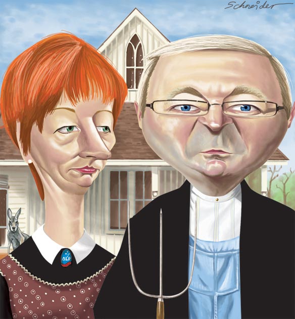 Colour illustration in the style of Grant Wood's 1930 'American Gothic' painting. Kevin Rudd on the left with glasses and pursed lips wearing a black coat over a white shirt and blue overalls. He holds a pitchfork in his left hand. Julia Gillard, with bright red hair and pink lipstick stands on Rudd's right wearing a black and white dress with a mauve and cream apron, and an 'ALP' brooch at the neck. A white weatherboard house is in the background, with a kangaroo on the far left visible over Gillard's shoulder. - click to view larger image