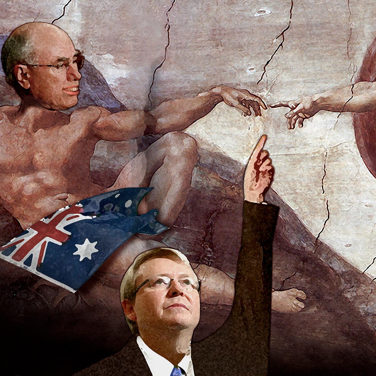 Colour illustration parodying Michelangelo's 'Creation of Adam'. John Howard's head has been painted on top of Adam's naked reclining form. An Australian flag is draped over his nether regions. Kevin Rudd is in the centre front, wearing a suit and tie. His left arm is raised and pointing towards the convergence of Howard and God's fingers. - click to view larger image