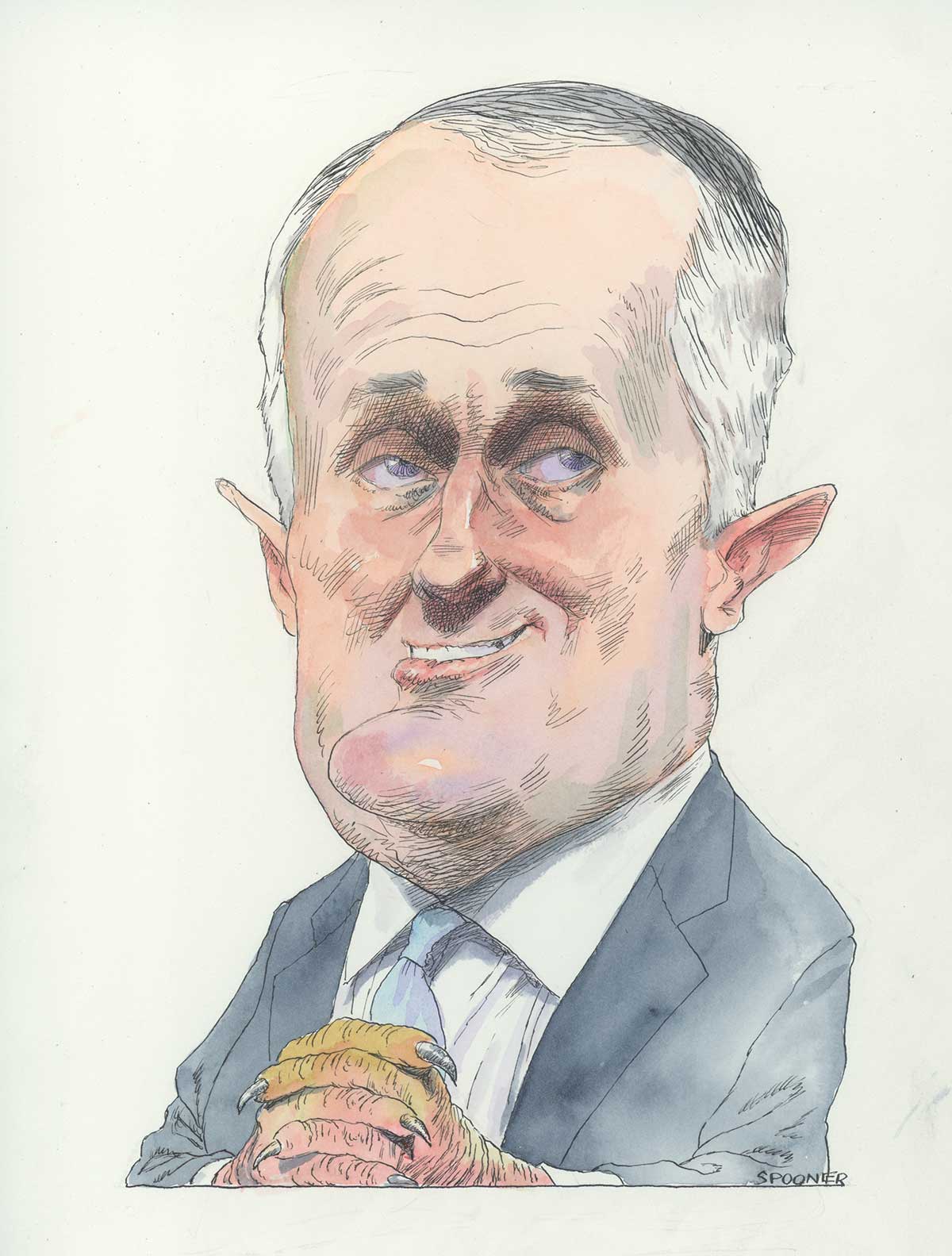 Malcolm Turnbull wearing a blue jacket, white shirt and tie. The cartoonist has exaggerated the size of Mr Turnbull's head and chin. Mr Turnbull looks to the right of the image. He is visible from about chest level upwards and has his arms in front of him toward the bottom of the image. His hands are clasped in front of his chest; the fingers are pink and wrinkled. The upper fingers have a light brown tinge. Long sharp claws emerge from each finger. He smiles disingenuously and has on his face an expression of cunning and guile. - click to view larger image
