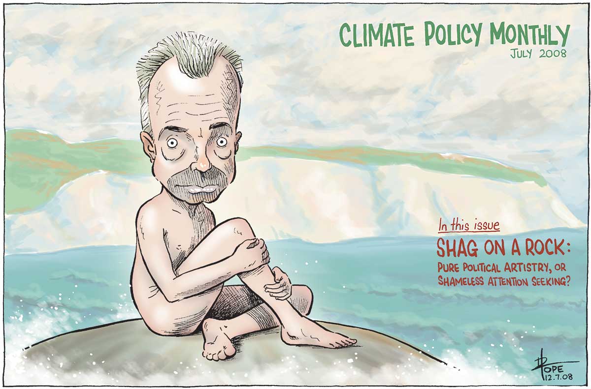 Brendan Nelson sits naked on a bare smooth rock to the left of the image, his right leg drawn up; his body faces to the right. His expression is one of surprise, staring at the viewer. A white cliff coastline is in the background under a cloudy sky. Water with waves is between the rock and the coast. 'Climate Policy monthly July 2008' is in the top right hand corner of the image. Underneath on the same side is 'In this issue Shag on a rock: pure political artistry, or shameless attention seeking?' - click to view larger image