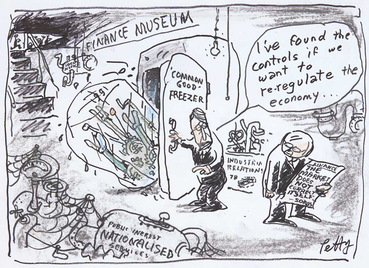 A basement containing plumbing-like machines and boxes of pipes. There are cobwebs on some of the machines. Wayne Swan stands in the image centre opening a door marked 'Freezer'. Above the door is written 'Finance Museum'. A large contraption in a glass dome is falling out from behind the door. Mr Swan is saying 'I've found the controls if we want to re-regulate the economy...'. Kevin Rudd stands to the image right, looking back at Mr Swan and holding a newspaper. Its headline reads 'The market does not correct itself'. - click to view larger image