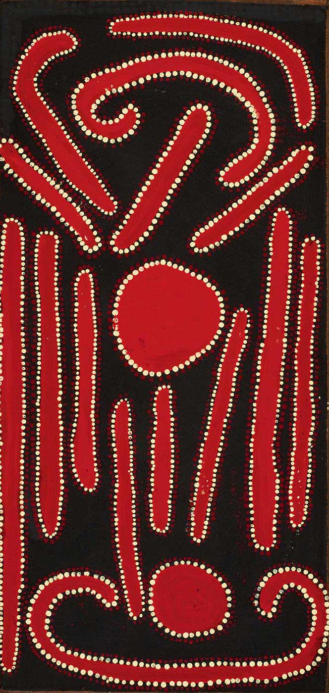 A rectangular painting on canvas with a black background and red shapes edged with cream dots. The shapes include two circles, two C shapes, two J shapes and 11 stick shapes. - click to view larger image