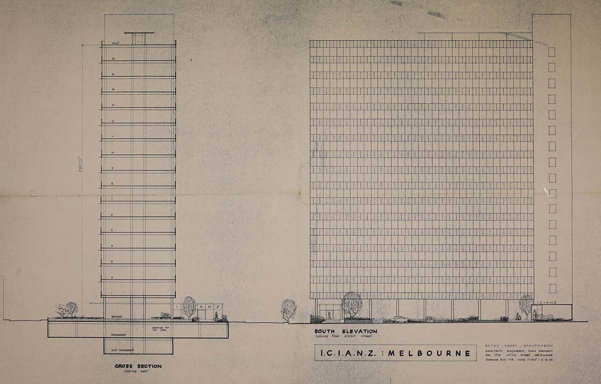 Architectural plans showing two views of a city skyscraper.