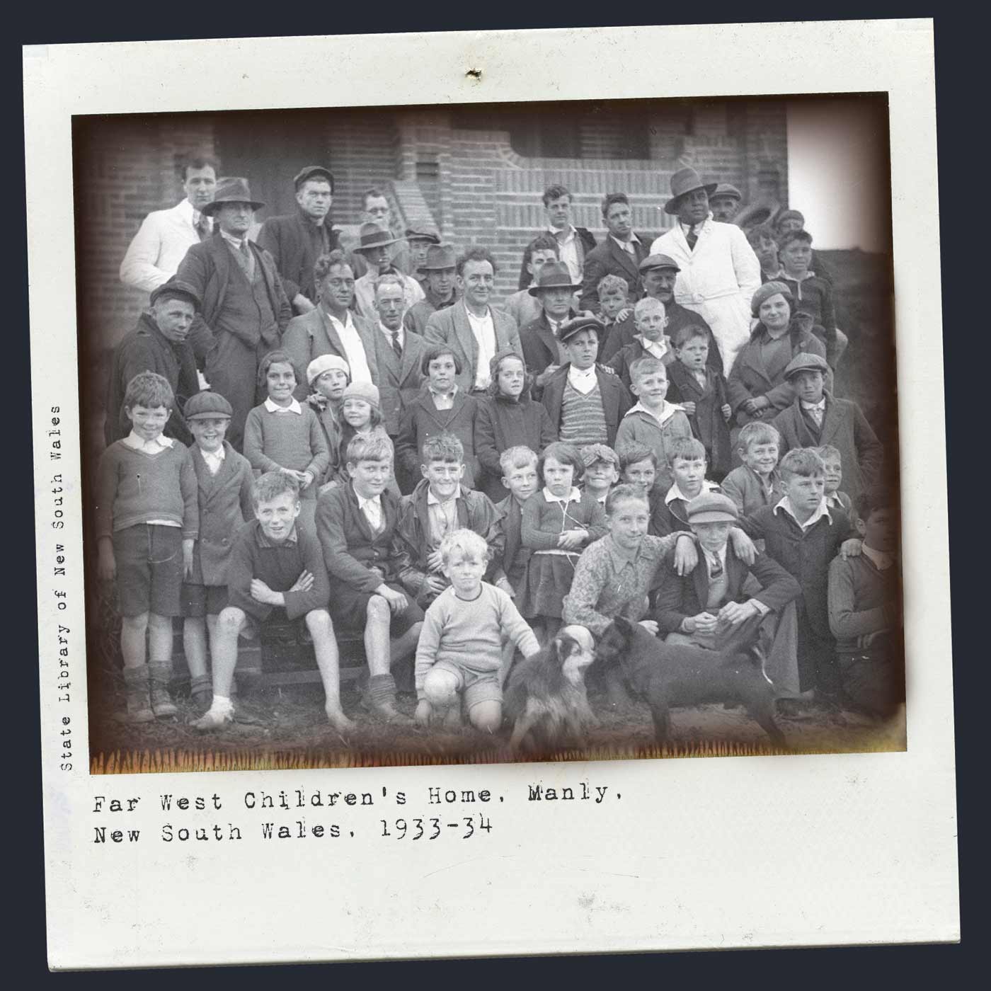 A Polaroid image showing a group of men and children gathered on the steps of a brick building. 'Far West Children's Home, Manly, New South Wales, 1933-34' is printed underneath the photo. 'State Library of New South Wales' is printed vertically on the left border. - click to view larger image