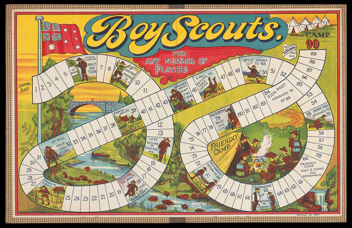 A game board titled 'Boy Scouts' with 90 numbered squares and images of various campsites. - click to view larger image