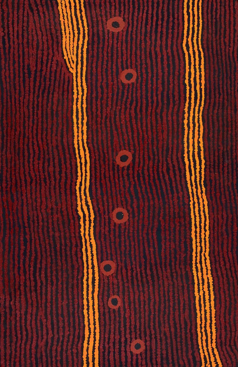 A painting on brown linen with a black background overlaid with vertical stripes in dark red with two narrow vertical sections in orange stripes. In between these orange sections there is a wavy vertical row of brown and black circles. - click to view larger image