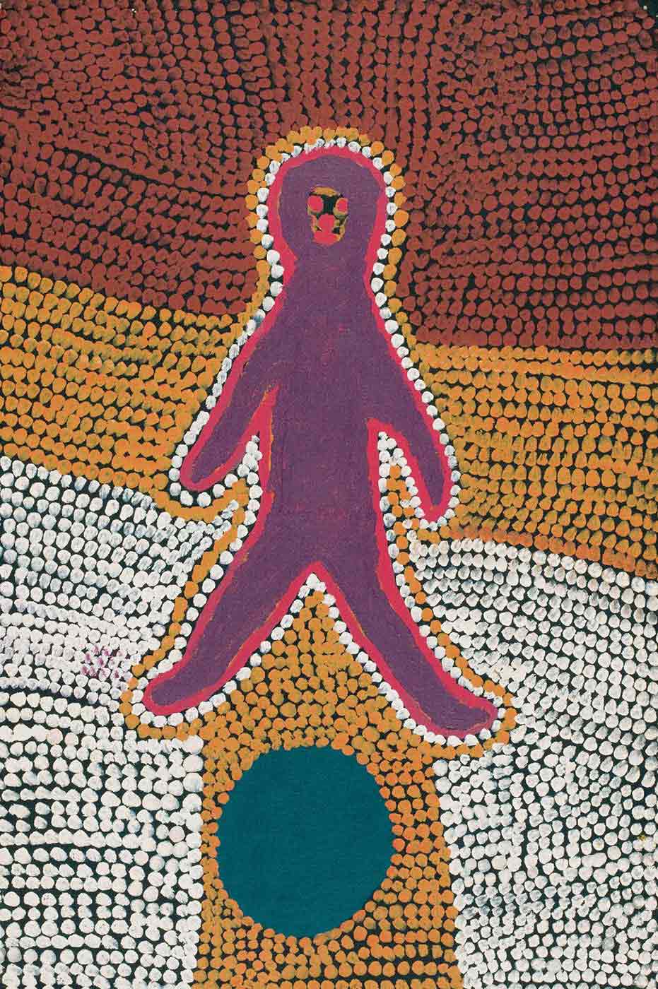 A rectangular painting on brown linen showing the silhouette of a human figure in dark purple outlined with pink then peach and orange dotted lines with pink facial features, above a dark grey-green circle. The background of the painting is black with an overlay of diagonal lines of dots in brown at the top, orange in the middle and down the centre and peach at the bottom. - click to view larger image