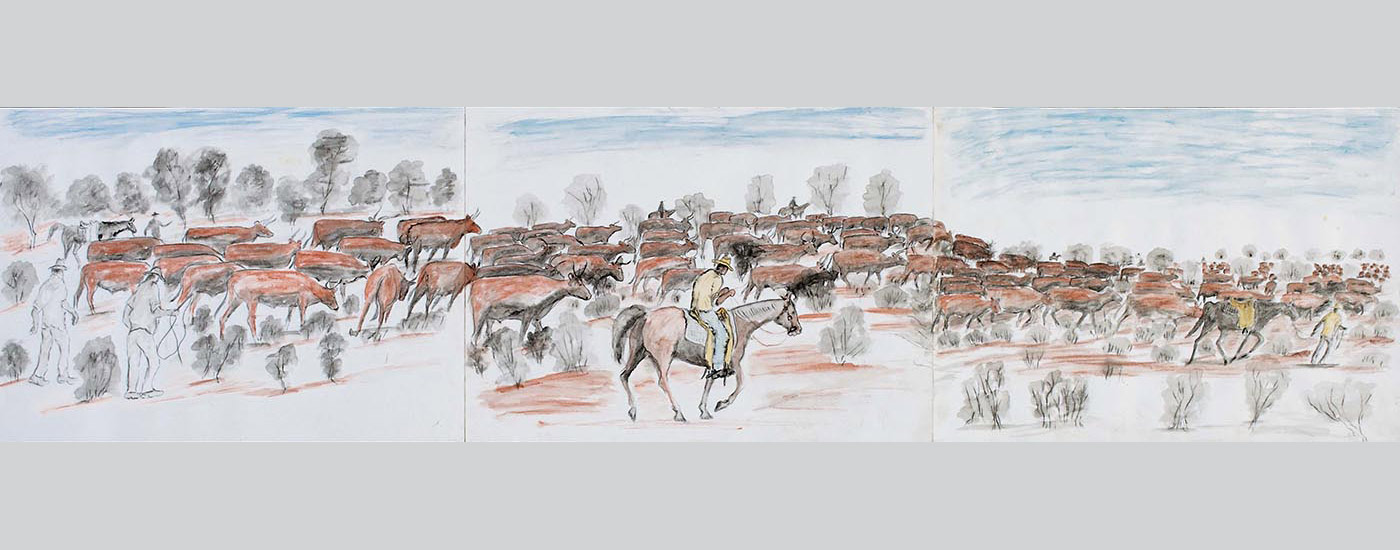A water colour and pencil work on three sheets of heavy paper joined with adhesive tape on the reverse. The work depicts a herd of brown coloured cattle with men on horseback and men on foot around them. A male figure, centre, wears a yellow hat, beige shirt and blue trousers, and rides a red-brown horse. In the background are trees and foliage in grey or brown against a light blue sky, while in the foreground there are plants in grey on a red ground. At the left edge the page is uneven where it has been torn from a spiral bound pad. There is a piece of the same paper that sits inside the work when it is folded up. - click to view larger image