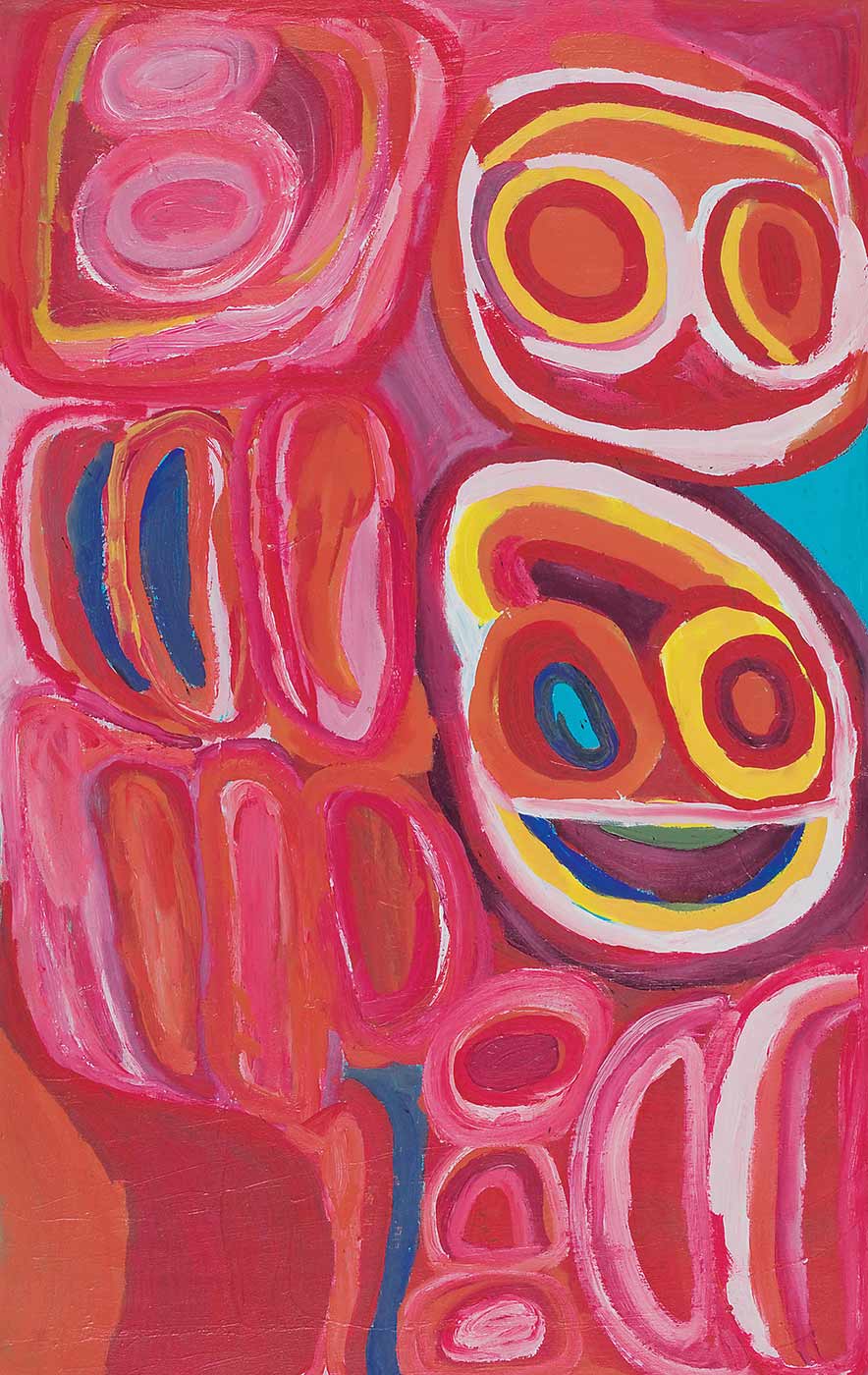 A dark pink toned painting on canvas with a face like motif in green, yellow, orange, purple, pink and blue to the right side. Above this there is a circle with two concentric circles within it side by side, in pink, red, and yellow. The left side and lower section of the painting is filled with pink, red, purple and blue concentric shapes with an orange squarish shape in the bottom left corner.