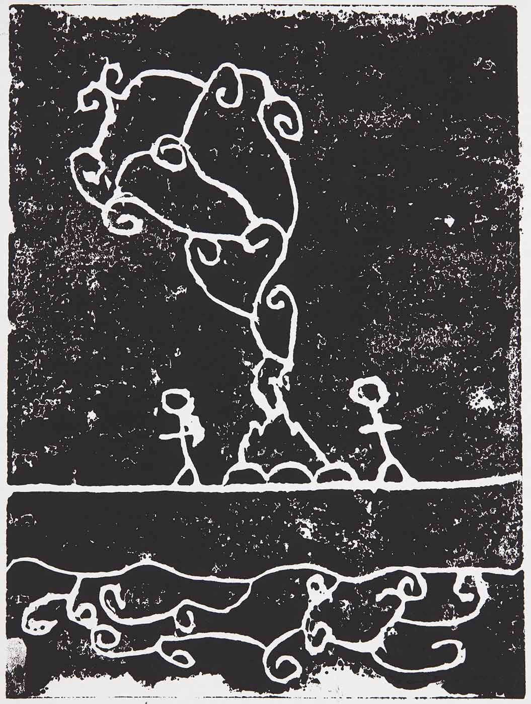 A black print on white cardboard featuring two stick figures on either side of a fire with decorative smoke motifs. Other wave like motifs are also featured across the bottom. The print is signed, dated and titled, 'Michael Austin / 25/6/19 / 'They're coming''. - click to view larger image