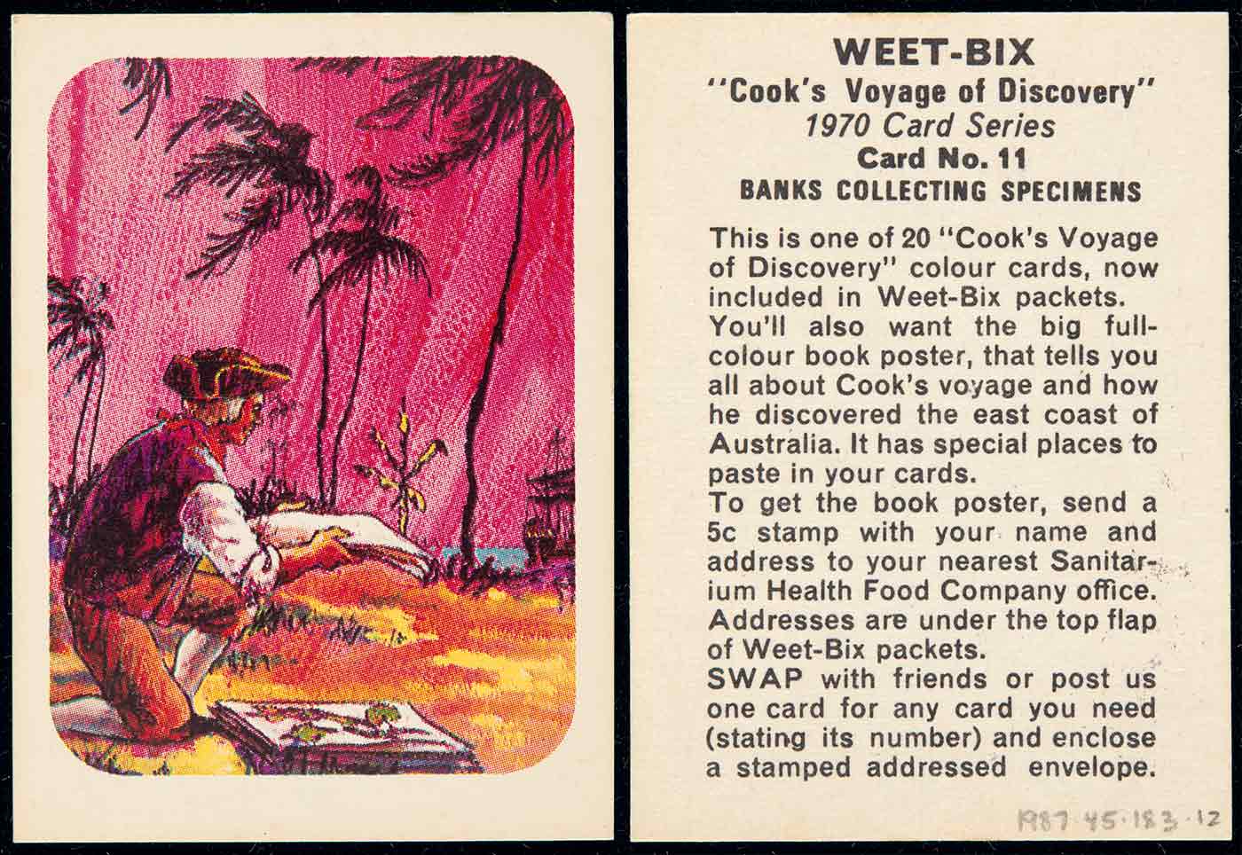 A swap card collected from a Weet-bix cereal packet. The card is number 11 in a series of 20. The card features a colour illustration of a man kneeling by a coastline, arranging a sheaf of papers. The background features a pink sky with palm trees silhouetted against it. Text on the reverse side of the card reads 'WEET-BIX / 