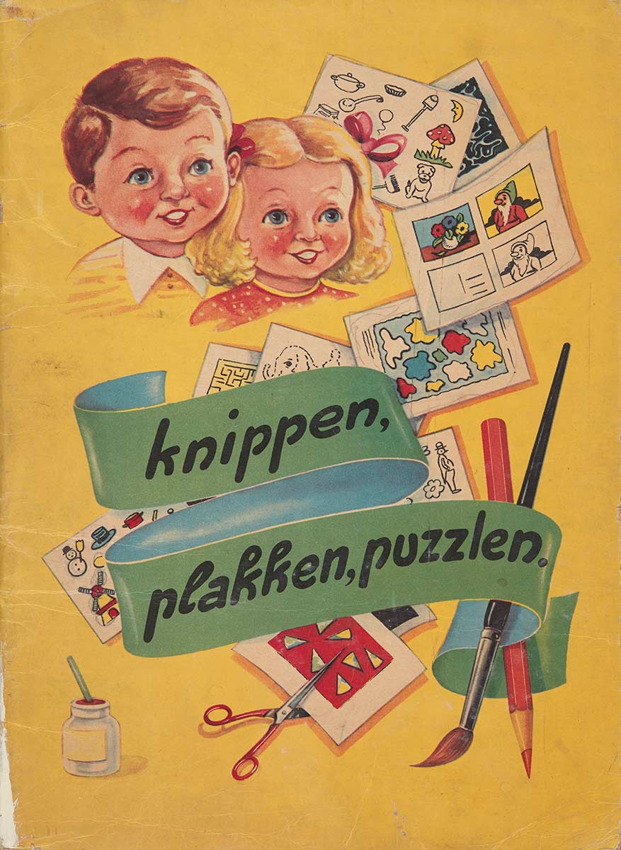 Paper colouring book with yellow cardboard cover featuring pictures of a little girl and boy, paintbrush, scissors and glue. Cover reads 'Knippen, plakken, puzzlen'. - click to view larger image
