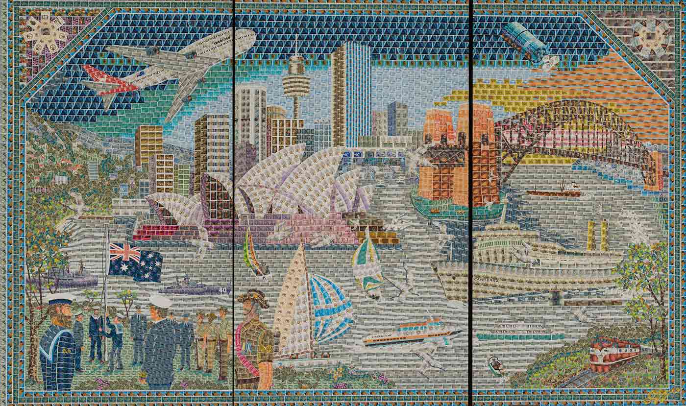 A mural in three parts, made of hundreds of postage stamps. It shows a contemporary Sydney Harbour scene, with the Opera House, Centrepoint Tower and the Harbour Bridge dominating the city skyline. The harbour appears in the foreground, with several yachts, ships and a ferry. A military flag-raising ceremony is pictured in the left foreground and a Qantas plane dominates the sky. - click to view larger image