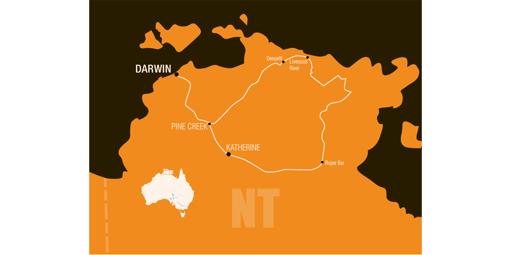 Map outlining the expedition in 1928 in the Northern Territory. The stylised map only shows the expedition route as a white line. Locations such as Darwin, Oenpelli, Roper River and Katherine are shown on the map. There is no other map information in regard to terrain, roads and such. The land mass is an ochre yellow colour while the sea areas depicted are dark brown. The map takes in about the upper 25 per cent of the Northern Territory. A small white map of Australia in the bottom left hand corner shows the area covered by the main map as a small rectangle.