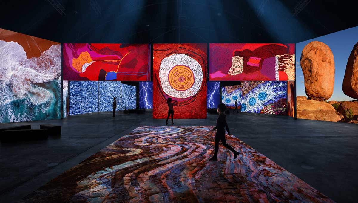 Digital render of three people interacting with an exhibition space, which features multiple digital screens on the walls and floor.