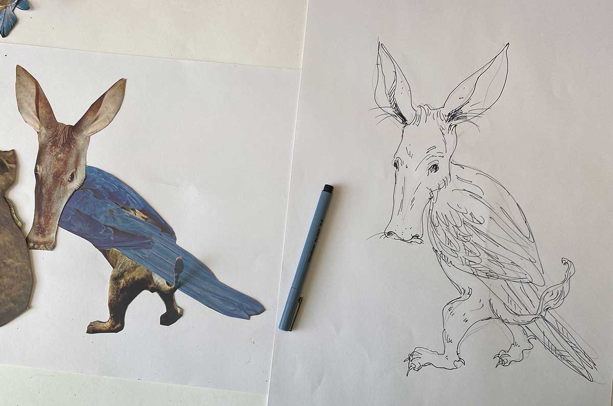 Collage of a mythical beast featuring various animal parts, alongside a sketch of the collage.