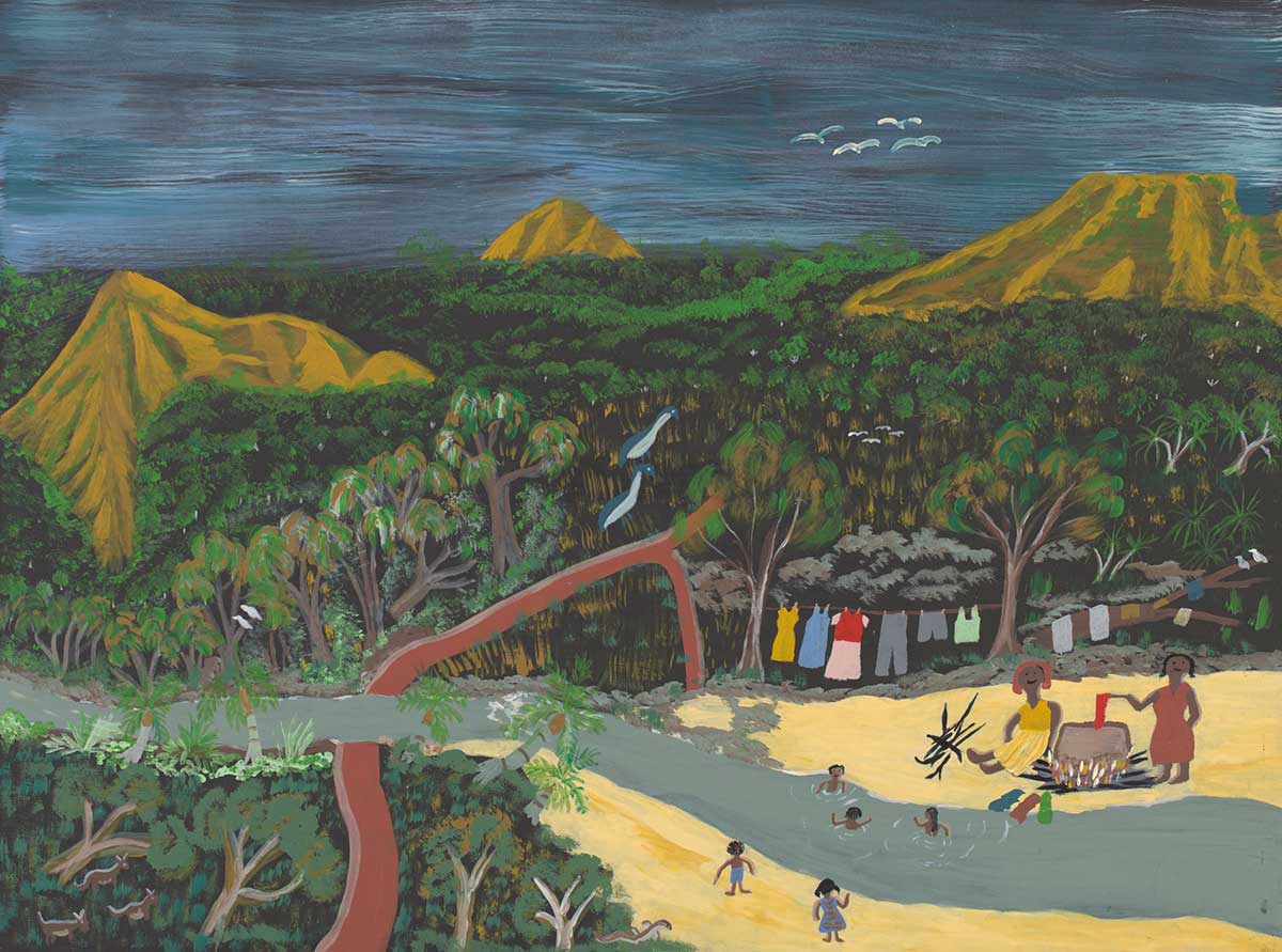 An acrylic painting on wood board depicting a landscape of green trees and mountains. In the bottom right hand corner are seven human figures standing beside and in a river. Hanging from the trees behind the figures are various types of clothes. - click to view larger image