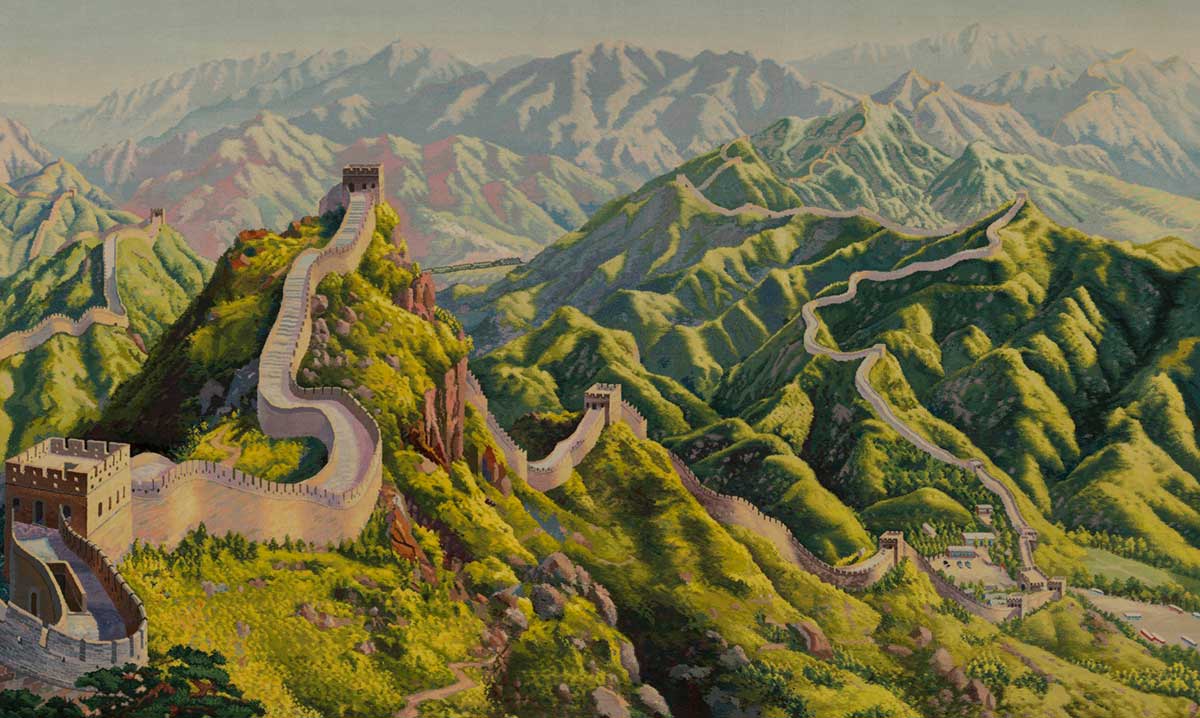 Large rectangular tapestry or carpet, predominantly in shades of blue, green and yellow wool, which depicts a section of the Great Wall of China.