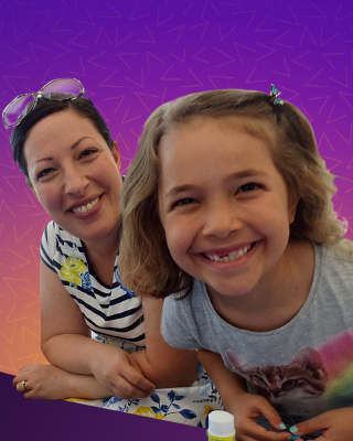 Promotional image with a smiling woman and girl against a purple background.